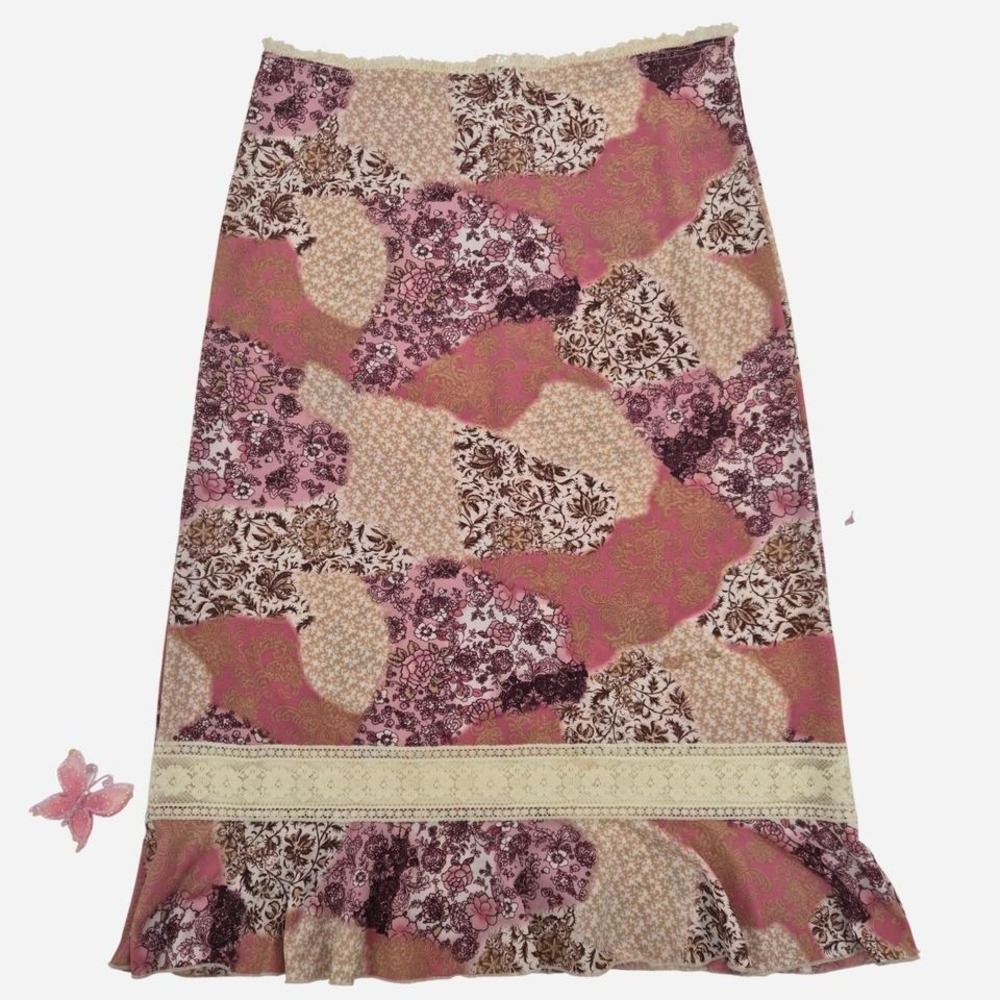 Y2k Pink and brown‎ boho floral patchwork midi skirt